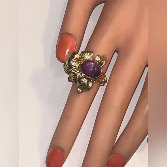 ANTIQUE 14K YELLOW GOLD MASSIVE RING "FLOWER" with "RED STAR"-RUBY, ART NOUVEAU - Picture 11 of 12